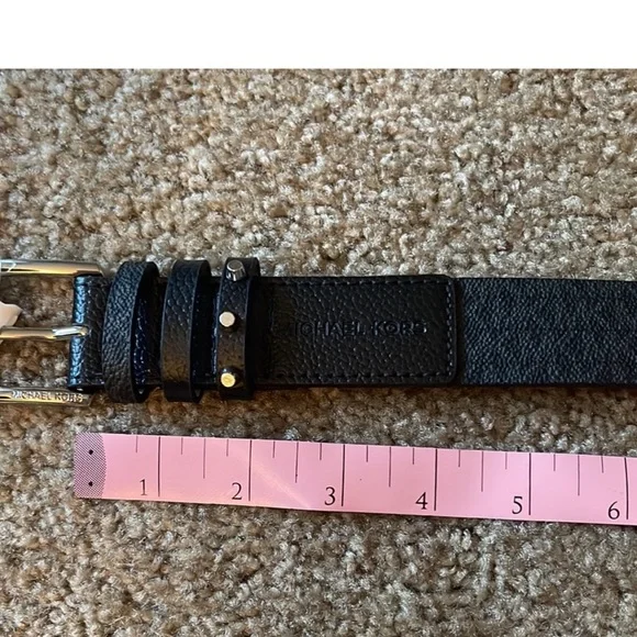 MICHAEL KORS BELT BLACK WITH PRINTED MK LOGO TRIPLE BELT LOOP W/ STUDS BLK - Picture 12 of 13